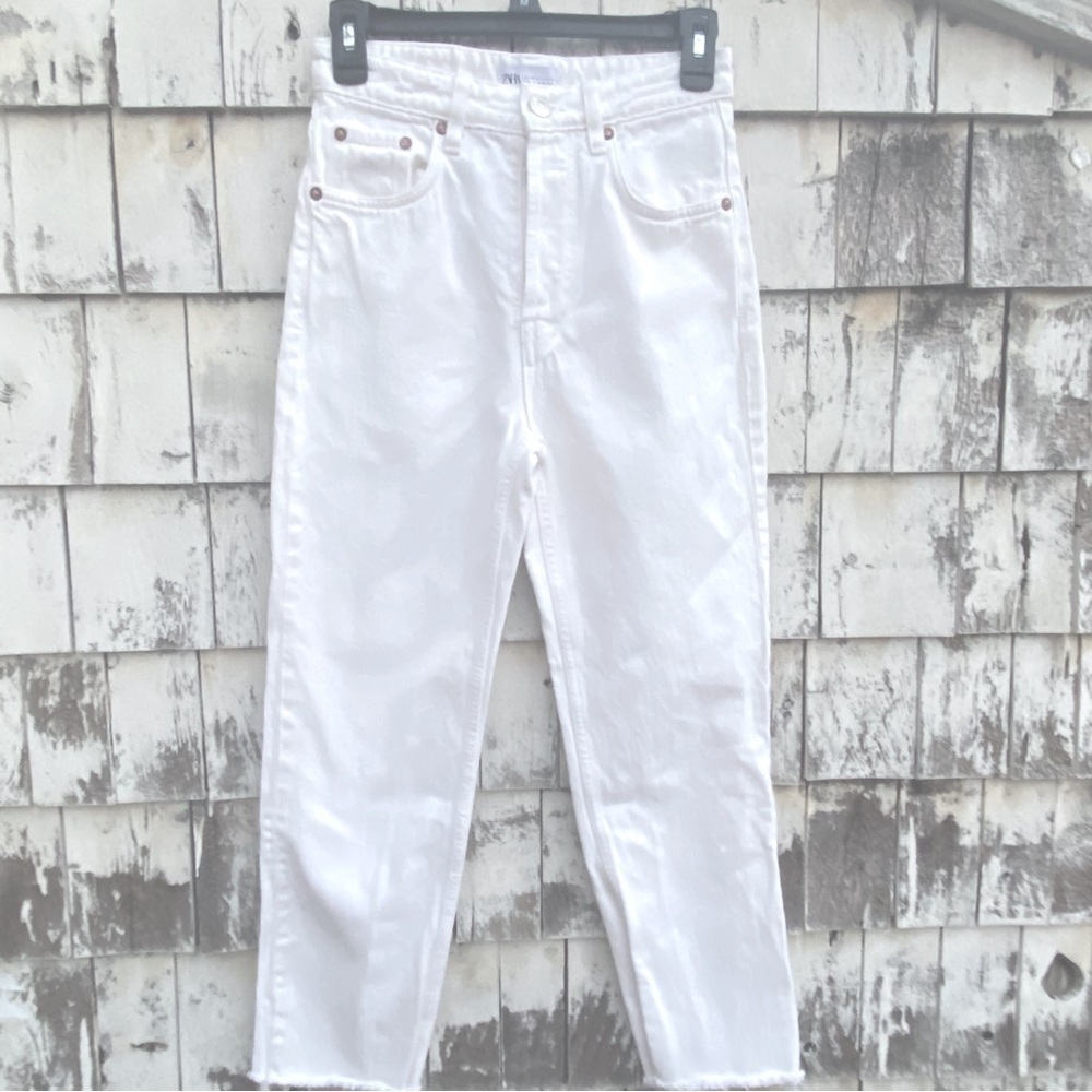 Zara Button Fly Raw Hem White Jeans